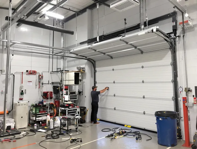 Bellflower Garage Door Repair certified technician performing commercial door repair at a Bellflower business facility