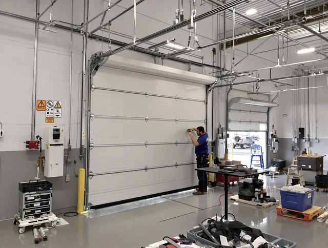 Commercial garage door repair being performed by Bellflower Garage Door Repair expert in Bellflower