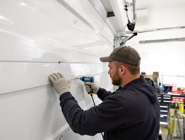 Bellflower Garage Door Repair technician demonstrating precision dent removal techniques on a Bellflower garage door
