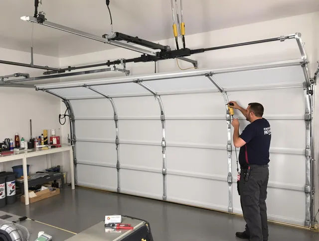 Bellflower Garage Door Repair certified technician performing overhead door system repair in Bellflower