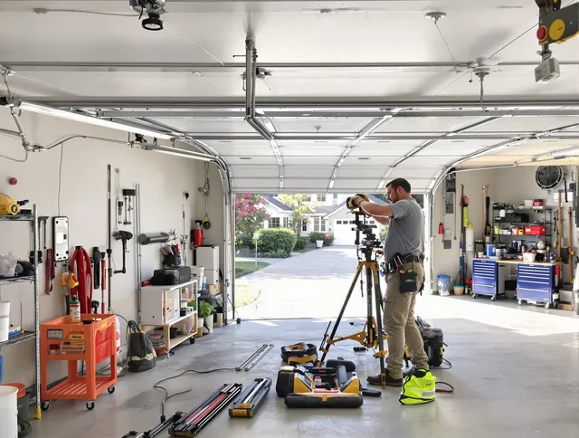 Bellflower Garage Door Repair specialist performing laser-guided track alignment in Bellflower